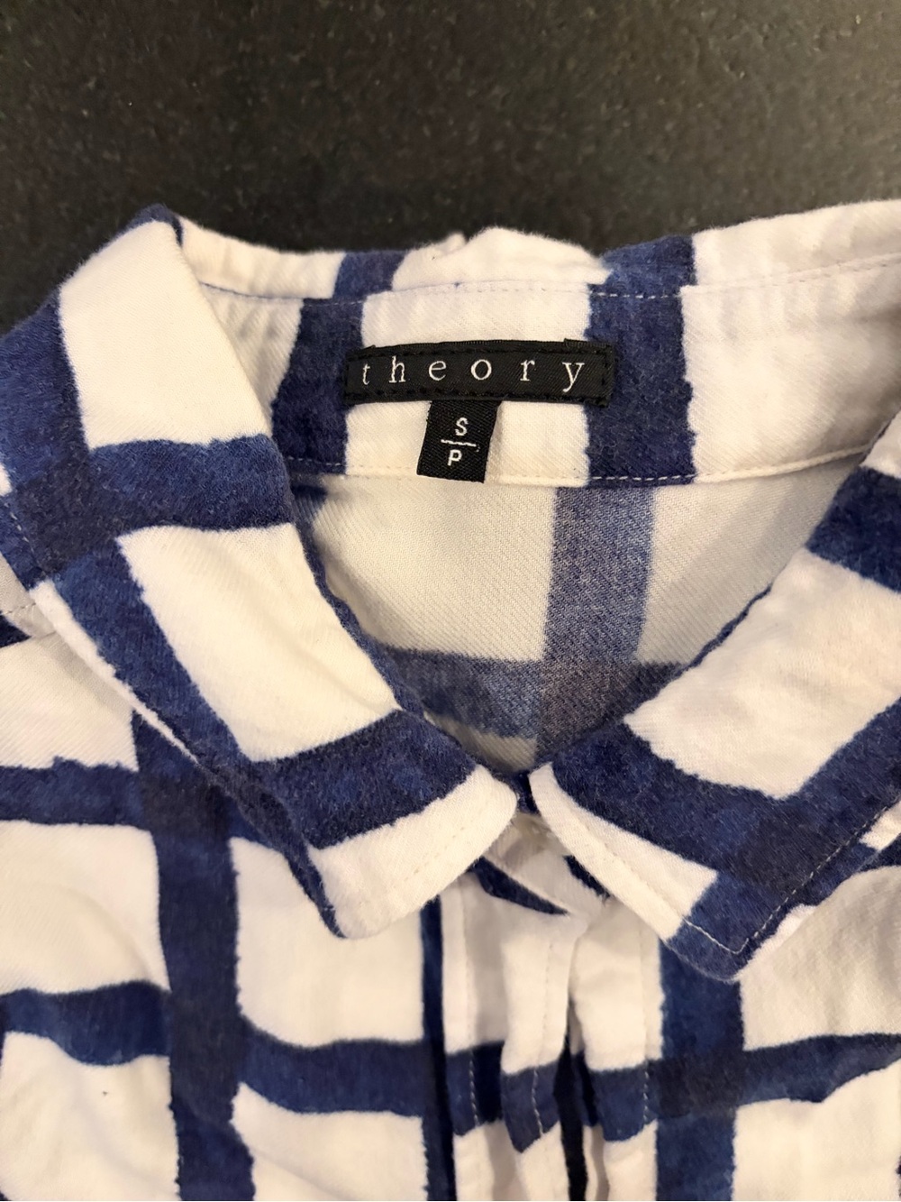 Theory Women’s Navy and White Grid-Pattern Flannel Button Down Shirt